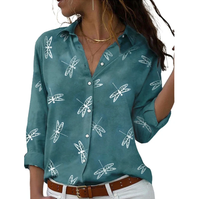 Top Trends: Large Size Dragonfly Print Single-breasted Cardigan Shirt Women's Comfortable Commuter Casual Tops Female Slim Fit Lapel Blouse Shoppable Styles