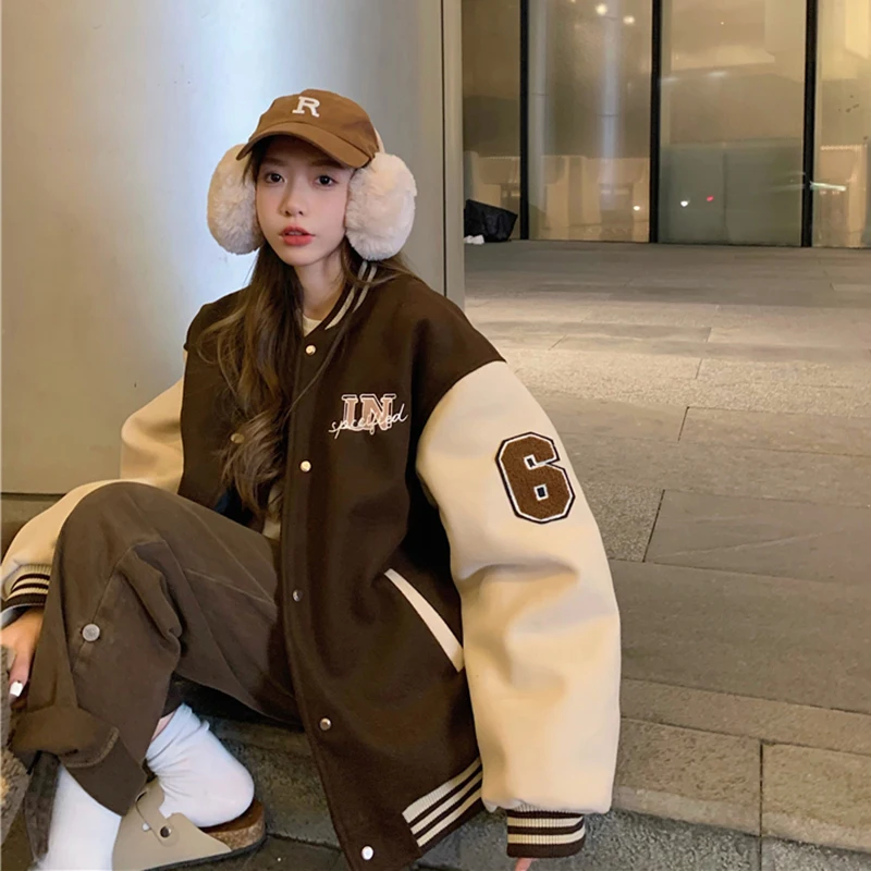 Top Trends: Y2k Varsity Bomber Jacket Women Red Brown Korean Fashion 2022 Winter Coat Vintage Baseball Jackets Hip Hop Streetwear Outerwear Shoppable Styles