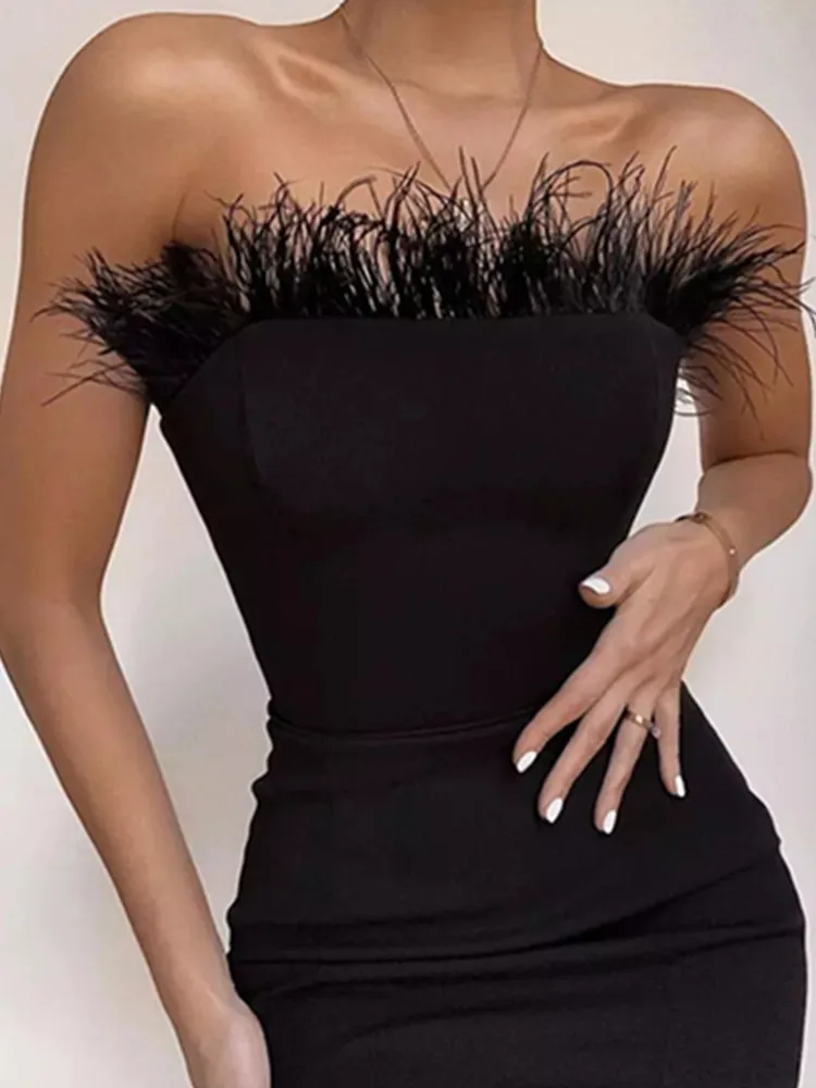 Top Trends: New Summer Sexy Strapless Backless Feather Black Midi Women Bodycon Bandage Dress 2023 Designer Fashion Party Club Dress Vestido Shoppable Styles