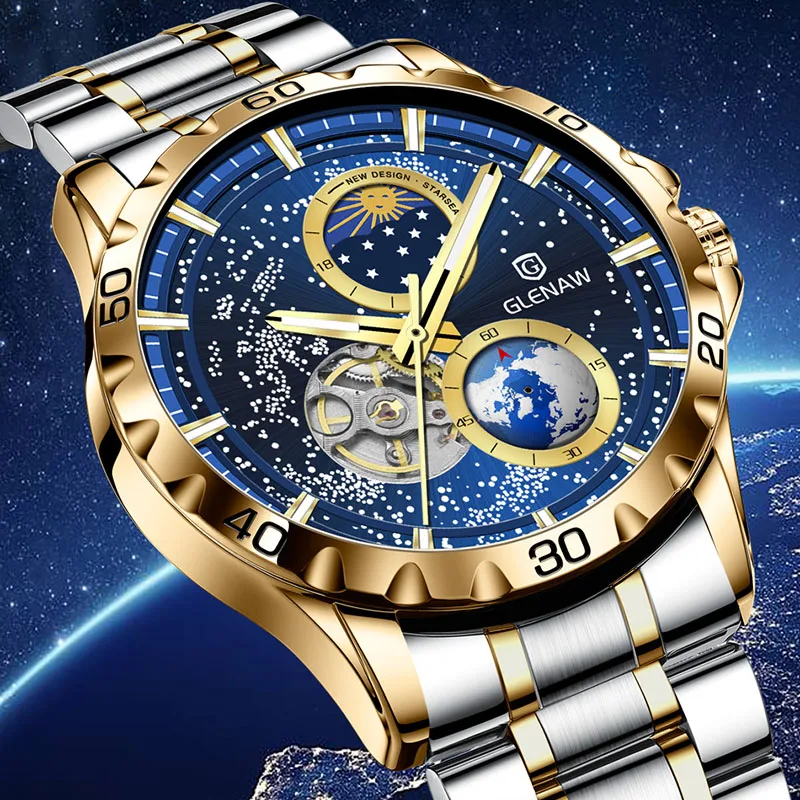 Top Trends: GLENAW New Men&#039;s Automatic Watches Skeleton Starry Sky Moon Phase Luminous Waterproof Stainless Steel Mechanical Watch For Men Shoppable Styles