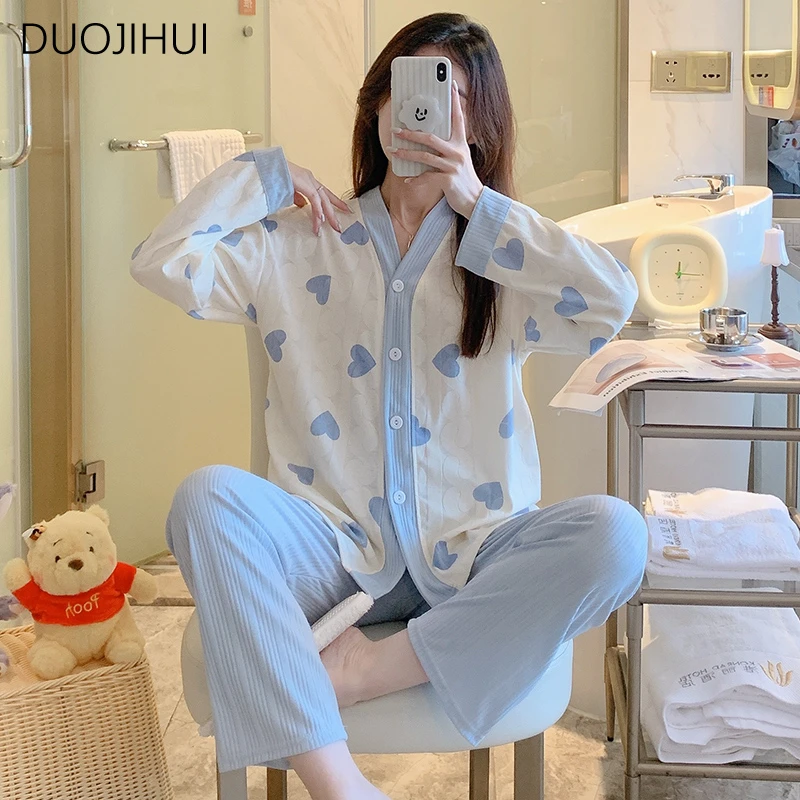 Top Trends: DUOJIHUI Autumn Two Piece Sweet Simple Female Pajamas Set V-neck Cardigan Basic Loose Pant Fashion Casual Home Pajamas For Women Shoppable Styles - Image 4