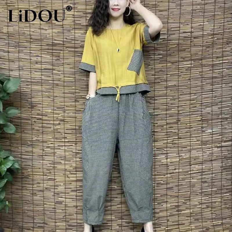 Top Trends: Summer New Oversized Casual Fashion Short Sleeve Top Plaid Patchwork Elastic Waist Pants Suit Female Loose Set Women's Clothing Shoppable Styles