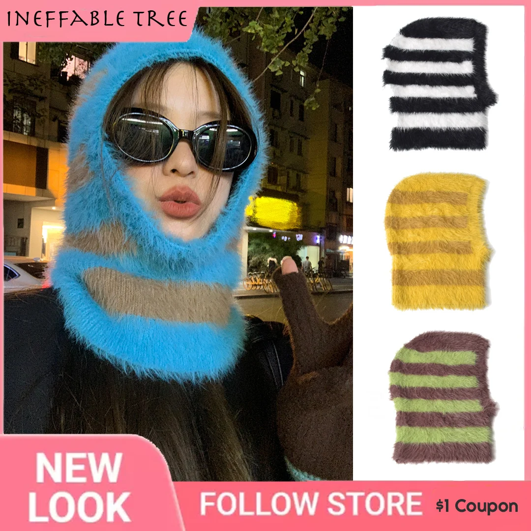 Top Trends: Winter Design Balaclava Knitted Women&#039;s Hat Stripe Mink Hair Cap Bonnets For Female Personality Neck Warm Skullies Beanies Gorra Shoppable Styles