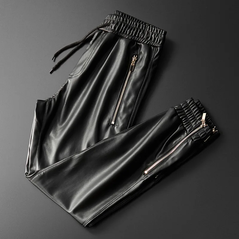 Top Trends: Men Leather Pants Superior Quality Elastic Waist Jogger Pants PU Leather Motorcycle Trousers Harem Pants Pockets Shoppable Styles