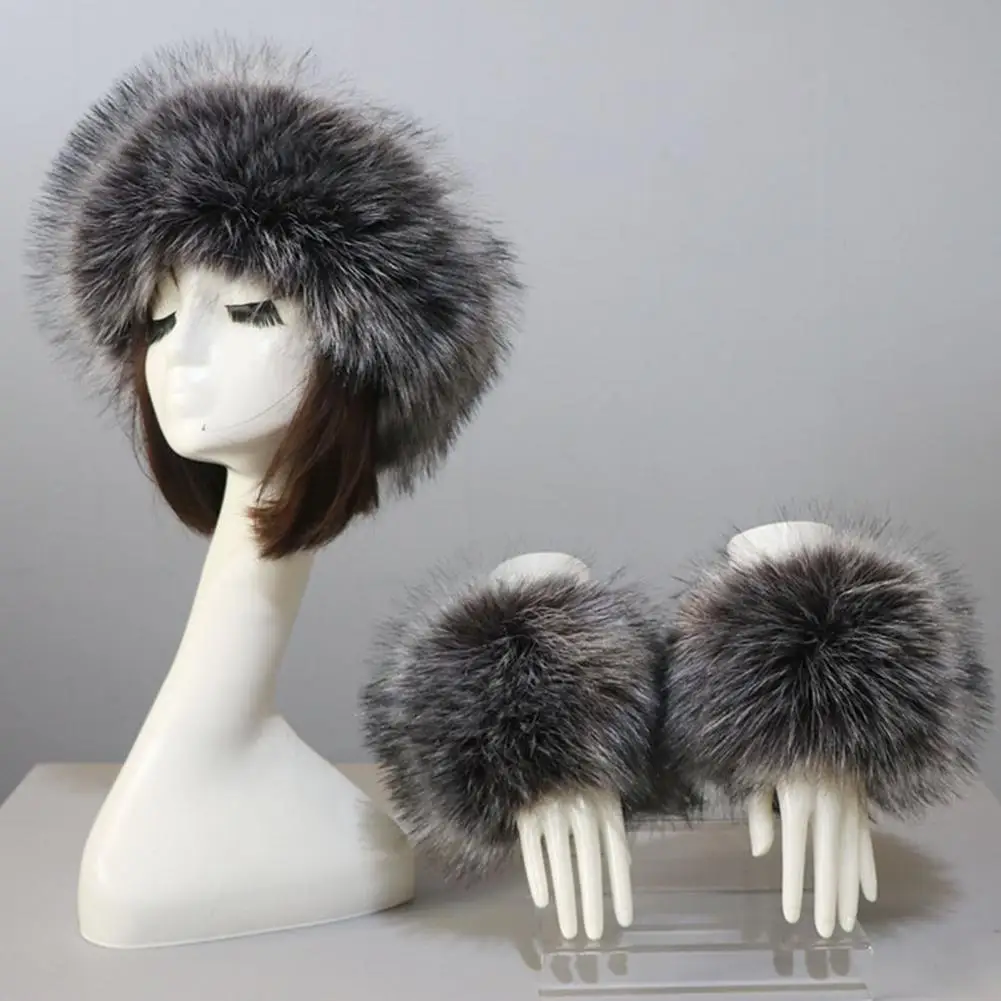 Top Trends: 1 Set Women Headband Gloves Solid Color All Match Faux Fur Furry Empty Top Hat Wrist Sleeves For Skiing Shoppable Styles