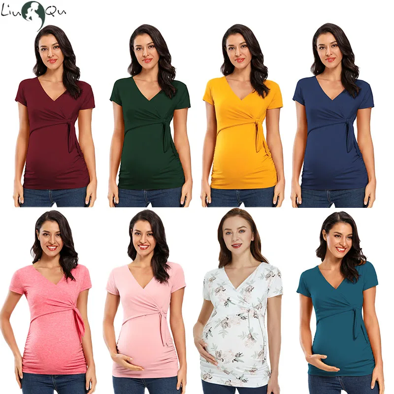 Top Trends: Maternitys Short Sleeve Shirts Maternity Nursing Tops Pregnant Summer Blouse Breastfeeding V-Neck Sexy Top For Pregnancy Clothes Shoppable Styles