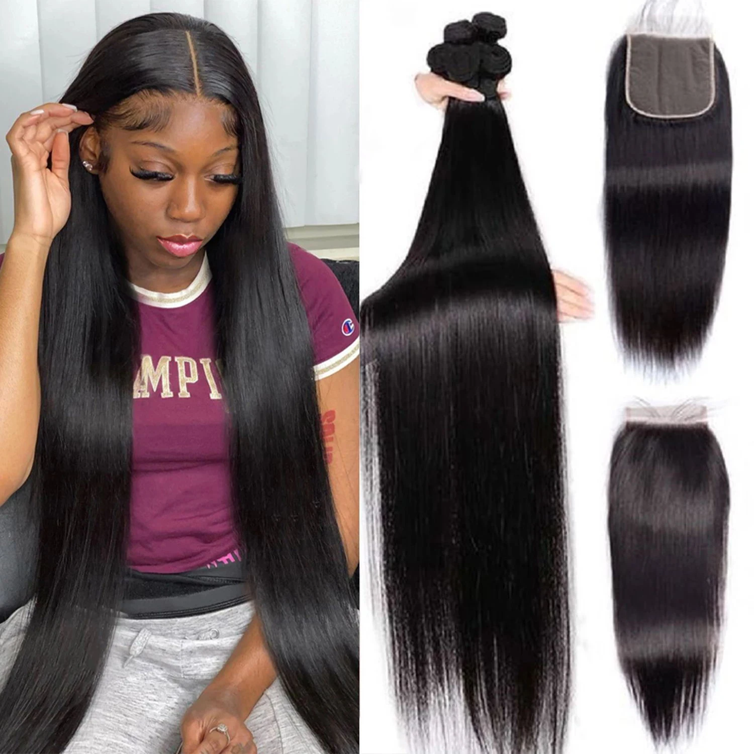 Top Trends: Bone Straight Human Hair Bundles With Closure 4x4 Lace Closures With Bundles Brazilian Hair Weave Bundles With Closure Remy Hair Shoppable Styles