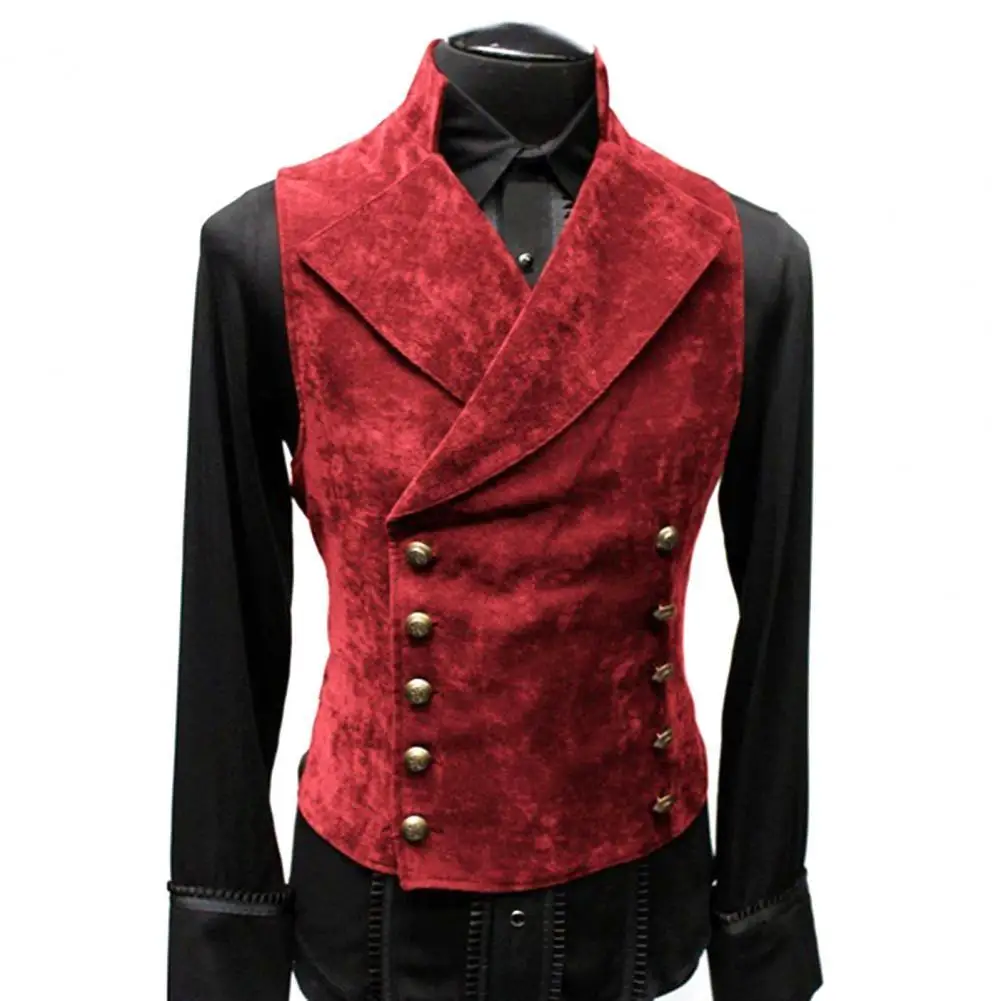 Top Trends: Vintage Red Suede Suit Vest Men Waistcoat Stand Collar Solid Color Double Breasted Slim-Fit Vest Steampunk Gilet Homme Shoppable Styles