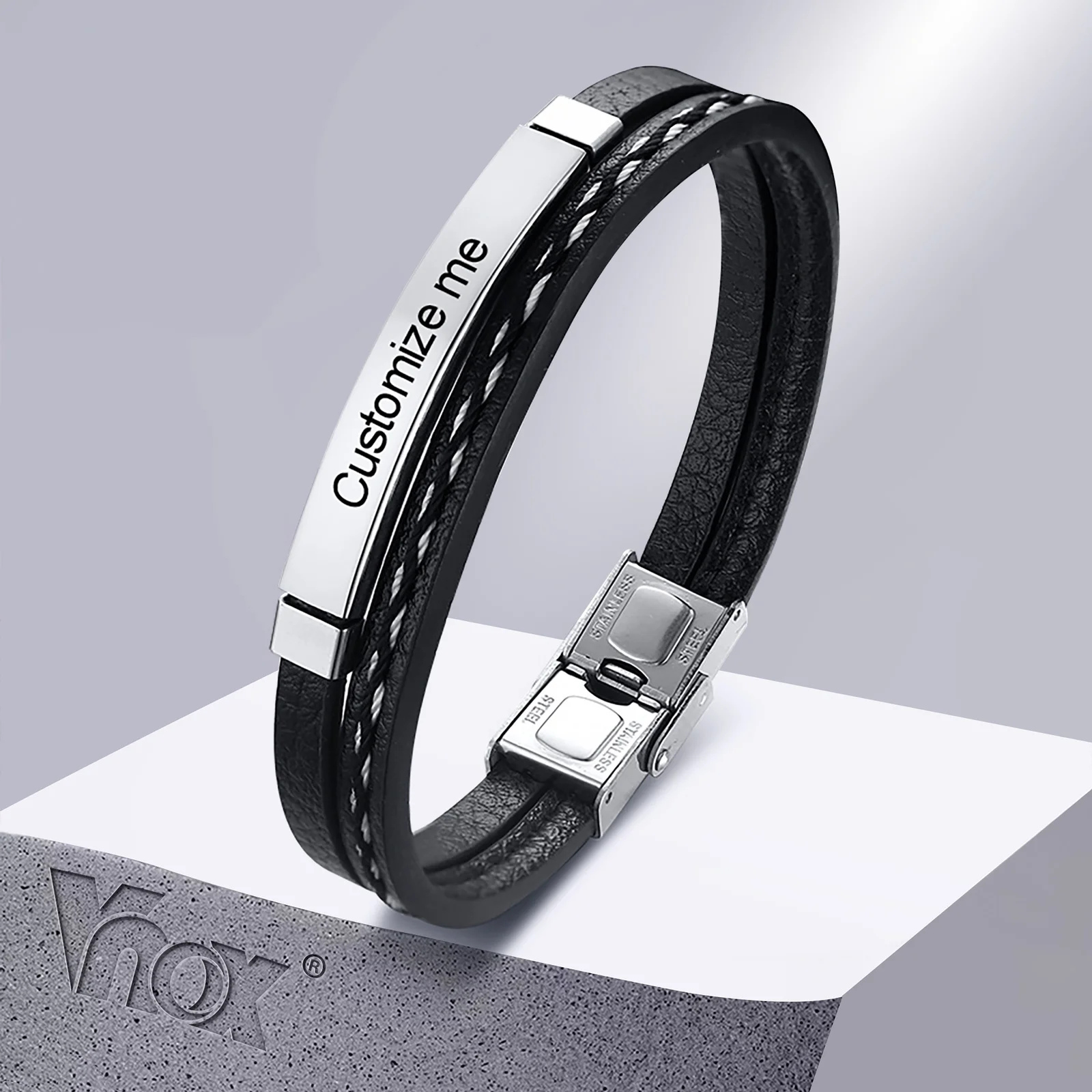 Top Trends: Vnox Multi Layer Leather Bracelets For Men Women Customizable Engraving Stainless Steel Casual Personalized Bangle Shoppable Styles