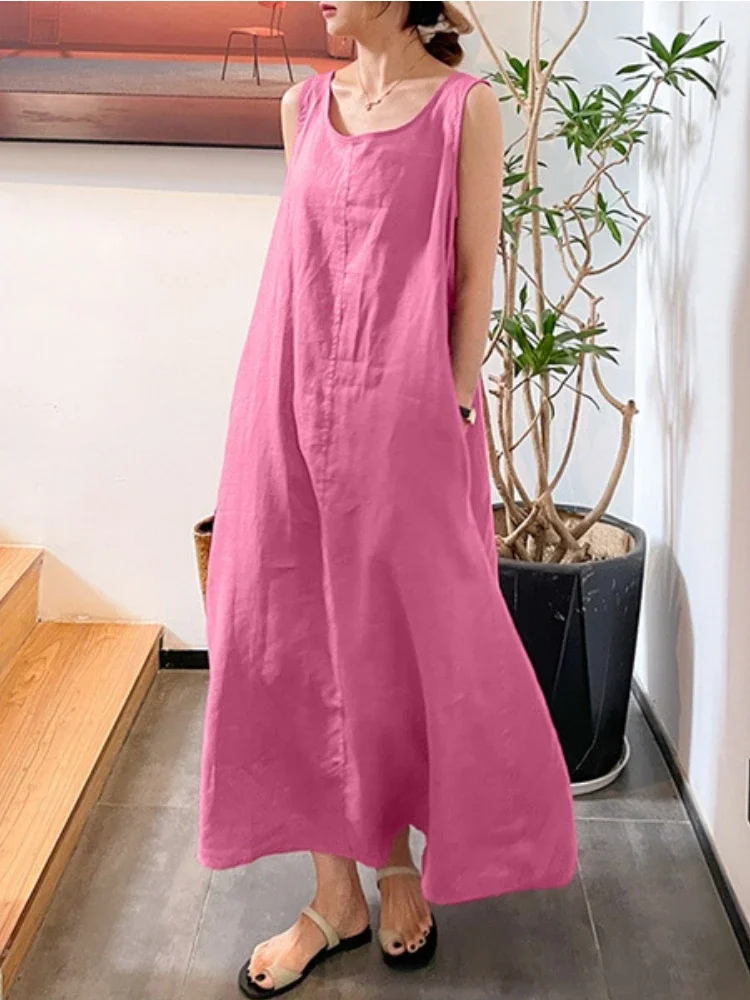 Top Trends: Summer New Long Version Sling Cotton Linen Simple Loose Pocket Round Neck Temperament Sleeveless Dress Women Dress For Women Shoppable Styles