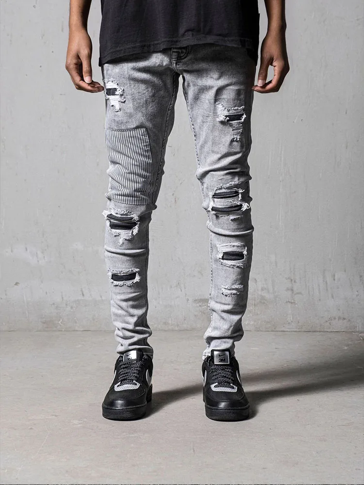 Top Trends: Men's Skinny Ripped Jeans Streetwear Fashion Beggar Patch Men Pencil Pants Grey / Blue Slim Denim Trousers Casual Jeans For Men Shoppable Styles - Image 3