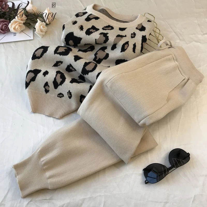 Top Trends: Fashion Leopard Sweater 2 Peice Sets Women Long Sleeve Knitted Top+ Stretch Harem Pant Suits Vintage Ankle-Length Pant Tracksuits Shoppable Styles