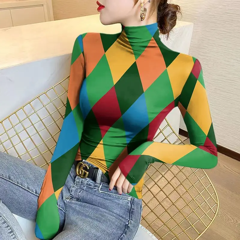 Top Trends: Women&#039;s Half High Collar Pullover Plaid Bottom Shirt 2023 Autumn And Winter New Printing Long Sleeved T-shirt Fashion Slim Tops Shoppable Styles