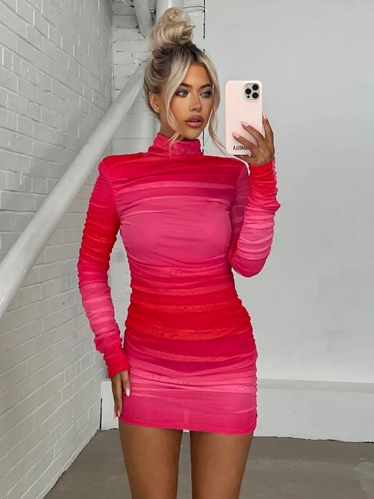 Top Trends: Mozision Turtleneck Long Sleeve Ruched Mini Dress Women 2023 Autumn Winter New Two Layer Mesh Bodycon Sexy Dress Femme Vestidos Shoppable Styles