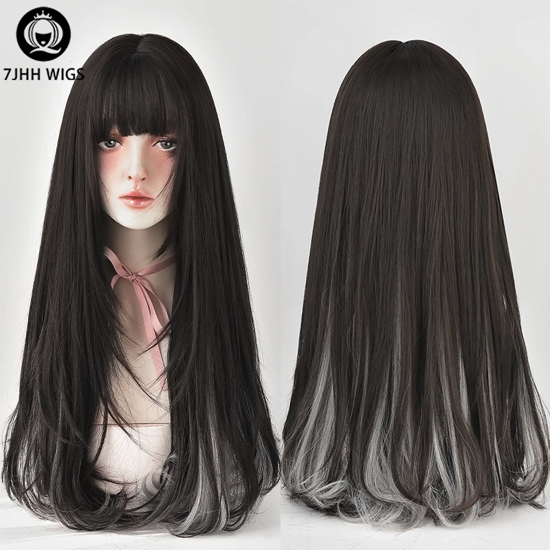 Top Trends: 7JHHWIGS Long Straight Black Ombre Ash Wig With Bangs For Women Daily Fashion Synthetic Loose Colorful Hair Wigs Burgundy Wig Shoppable Styles