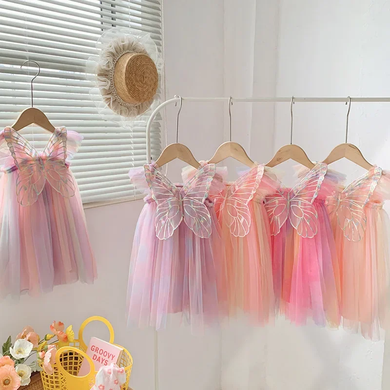 Top Trends: Girls Organza Wings Rainbow Mesh Dress 2023 Summer New Sweet Flying Sleeve Baby Princess Dress Birthday Party Vestidos 12M-6T Shoppable Styles