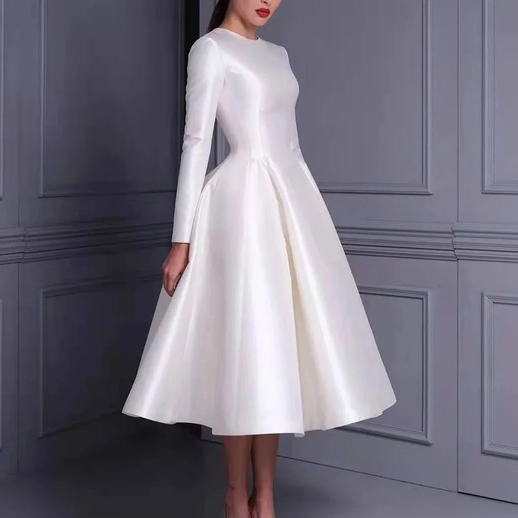 Top Trends: Short Tea Length O-Neck Taffeta Wedding Dresses With Pockets A-Line White / Ivory Zipper Back Bridal Gowns For Women Real Photos Shoppable Styles