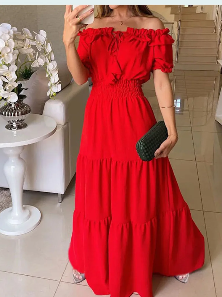 Top Trends: Summer Solid Boho Dress Women Fashion Elegant Beach Party Dress Casual Slash Neck Office Maxi Dresses For Woman Robe Femme New Shoppable Styles