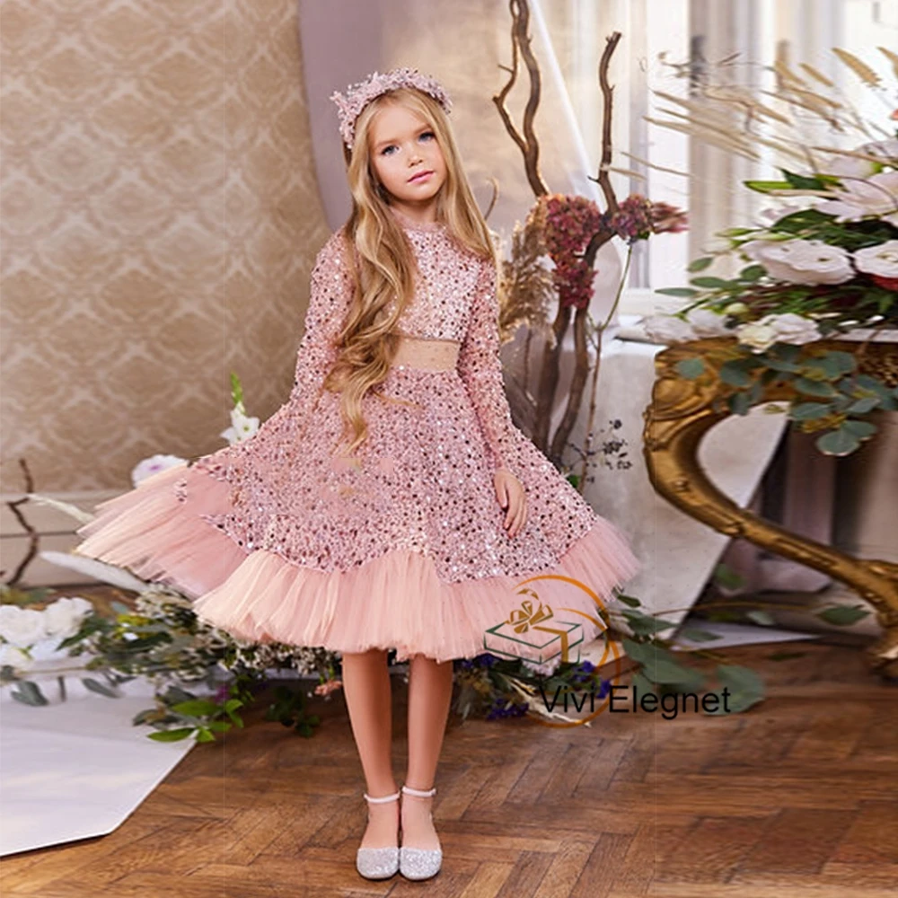 Top Trends: Pink Full Sleeve Flower Girls Dresses With Squined 2023 Knee Length Christmas Gowns Soft Tulle Summer Tutu فلور فتاة اللباس 2024 Shoppable Styles