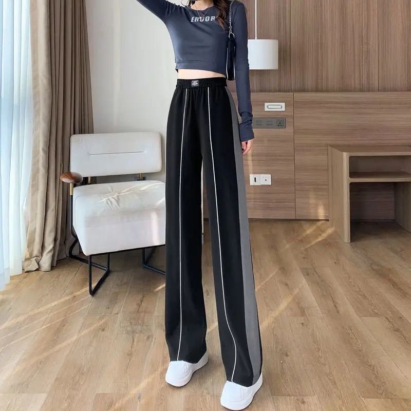 Top Trends: Korean Fashion Women Straight Wide Leg Pants Preppy Style Summer New Cootrast Color High Waist Loose Student Sport Trousers 2023 Shoppable Styles