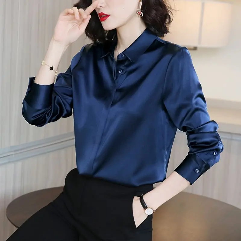 Top Trends: Women High Quality Satin Elegant Formal Shirt Fashion Business Casual Office Lady Basic All Match Blouse Solid Long Sleeve Tops Shoppable Styles