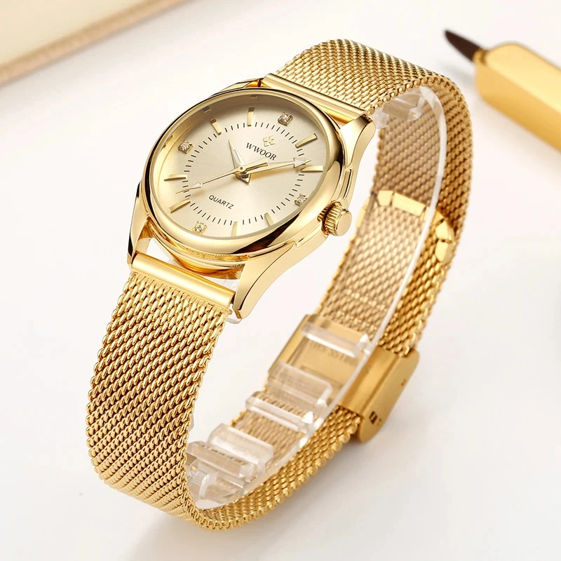 Top Trends: WWOOR Luxury Brand Dress Gold Watch Ladies Elegant Diamond Small Quartz Wrist Watches For Women Steel Mesh Clock Zegarek Damski Shoppable Styles