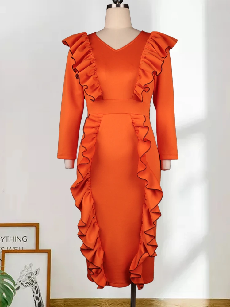 Top Trends: ONTINVA Plus Size Dresses Women Orange V Neck Long Sleeve Ruffles High Waist Bodycon Elegant Ladies Evening Event Party Gowns Shoppable Styles - Image 3