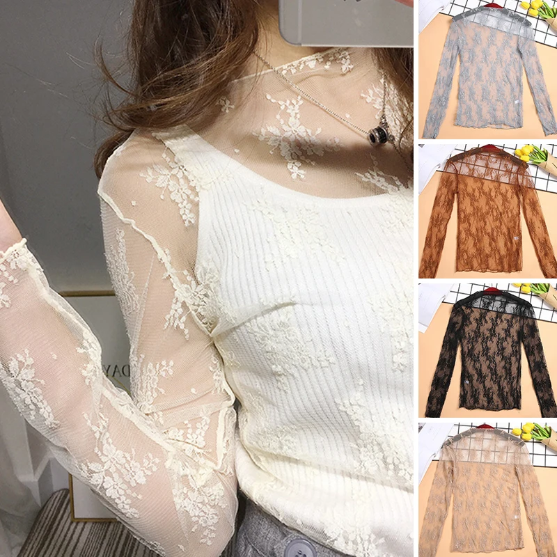 Top Trends: Summer Sexy Mesh Transparent Blouses Womens Lace Floral Embroidery Shirts Basic Long Sleeve Black T Shirt See Through Top Shoppable Styles