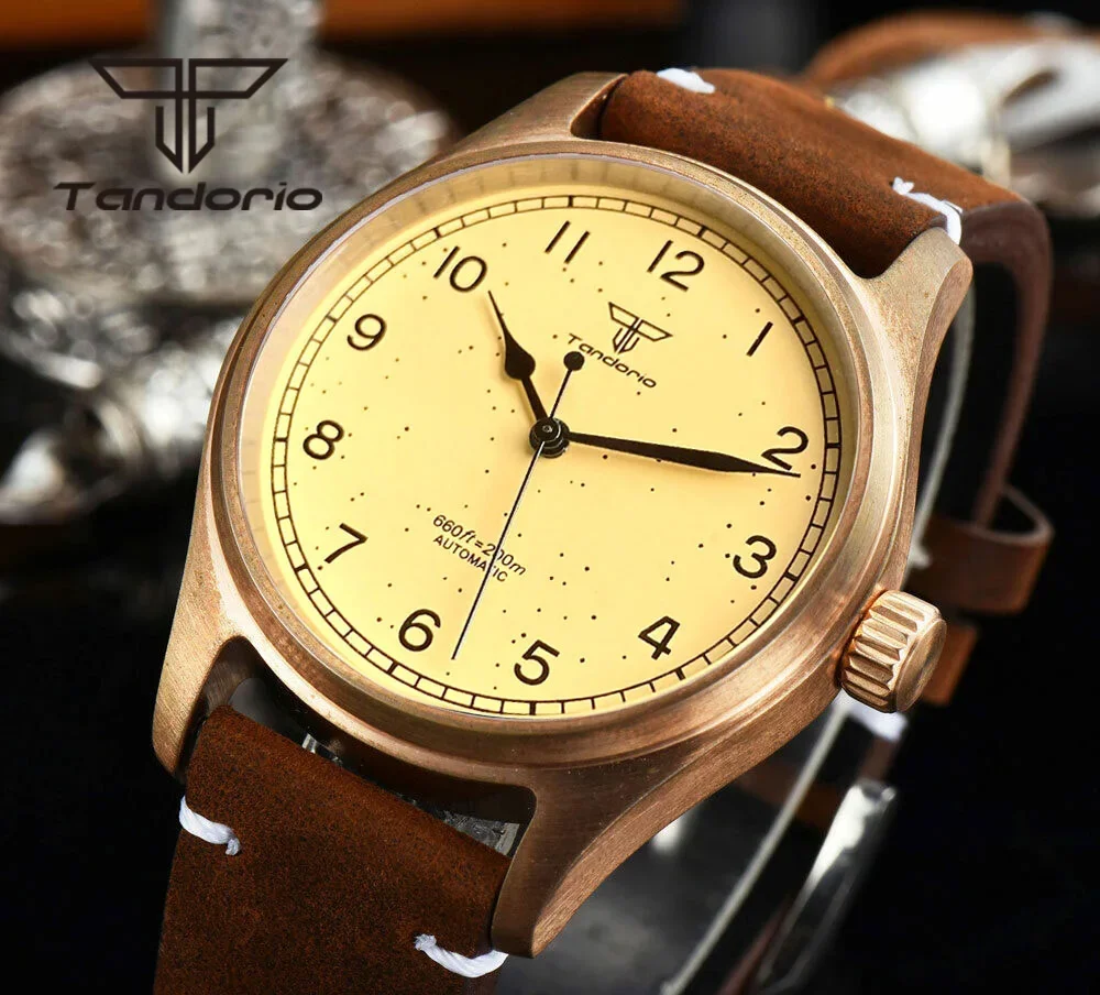 Top Trends: Tandorio Cusn8 Bronze 39mm Dress 200M Pilot Automatic Men Watch Yellow Dial NH35A PT5000 Sapphire Glass Luminous Leather Shoppable Styles