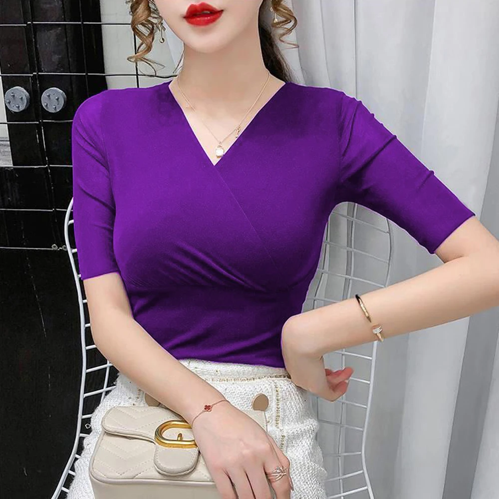 Top Trends: New Fashion Slim Stretch V-Neck Tops Women Sexy Elastic Tees S-4XL Basic Short Sleeve T-shirt Ladies Red Purple White Shirt Shoppable Styles