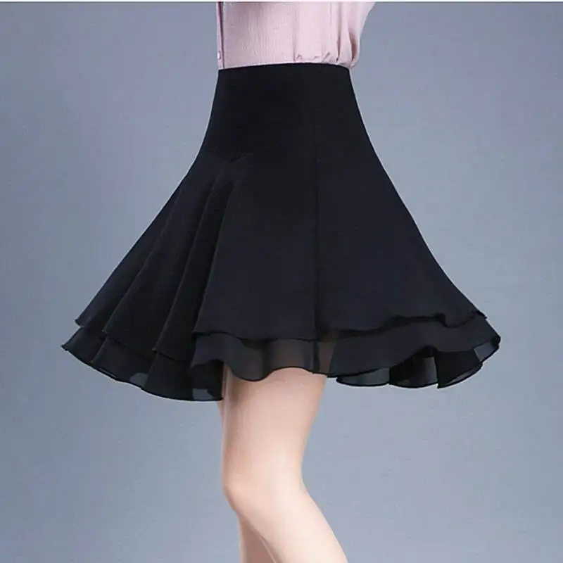 Top Trends: Korean Fashion Women Chiffon Skirts Summer Office Lady All-match Double Layer With Lining Elastic High Waist Black A-line Skirt Shoppable Styles