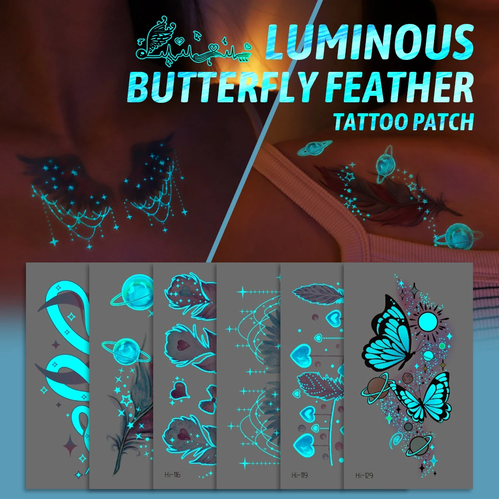 Top Trends: Blue Luminous Tattoo Sticker Music Concert Fake Tatto ButterflyFeather Glowing Waterproof Temporary Tatoo For Body Art Women Men Shoppable Styles