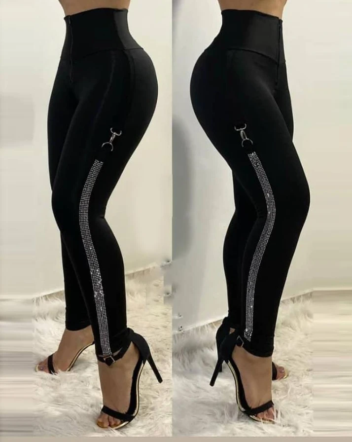 Top Trends: High Waist Skinny Pants Rhinestone Decor Europe And America Fashion Women&#039;s Clothing Plain Daily Office Lady Work Women Trousers Shoppable Styles