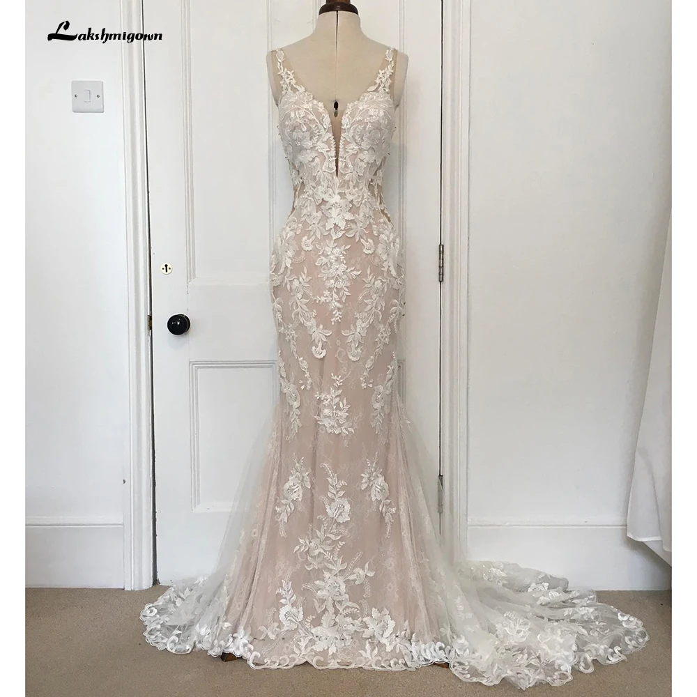 Top Trends: Lakshmigown V Neck Lace Appliques Illusion Court Train Wedding Dress 2023 Boho Mermaid / Trumpet Bridal Vestido Branco Sereia Shoppable Styles