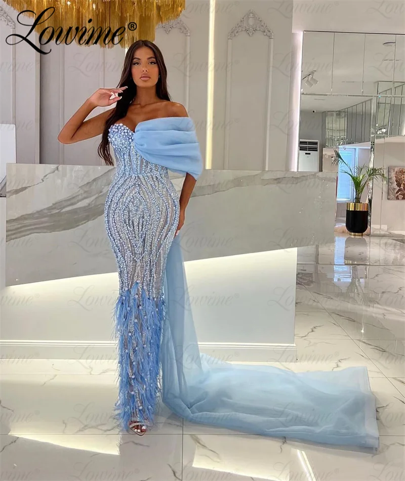 Top Trends: Blue Beads Pearl Formal Occasion Dresses Customize Long Train Feathers Women Arabic Wedding Party Dress Evening Gowns Vestidos Shoppable Styles