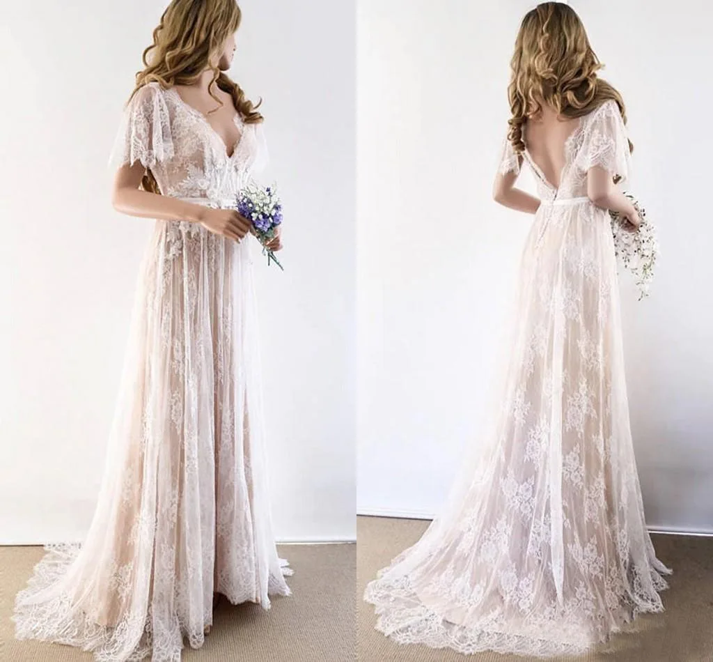 Top Trends: Boho Short Sleeve Wedding Dress For Women Deep V-neck 2023 Backless A-line Vestidos De Novia Custome Made Robe De Mariée Shoppable Styles