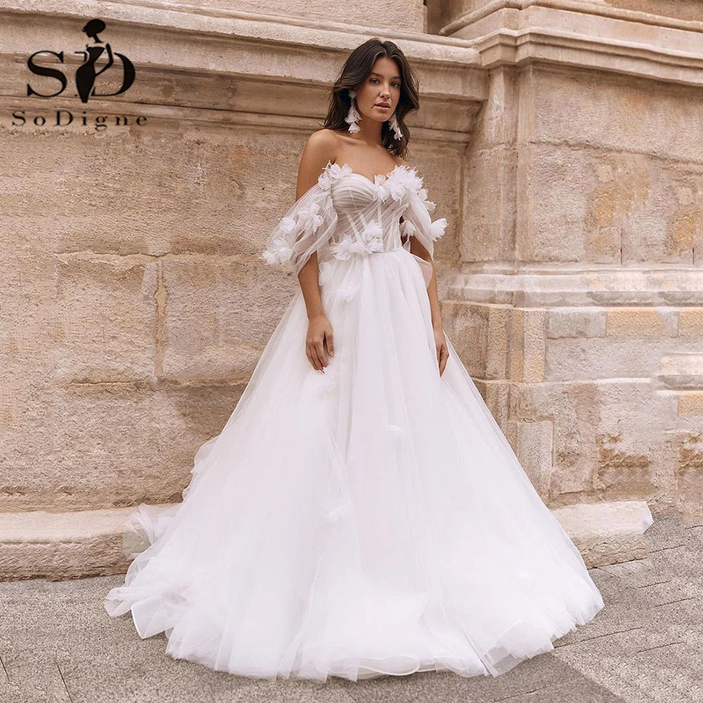 Top Trends: SoDigne Exquisite Bride Dresses Off The Shoulder 3D Flower Pleat Corset Wedding Dresses Boho A Line Tulle Bridal Gown Shoppable Styles