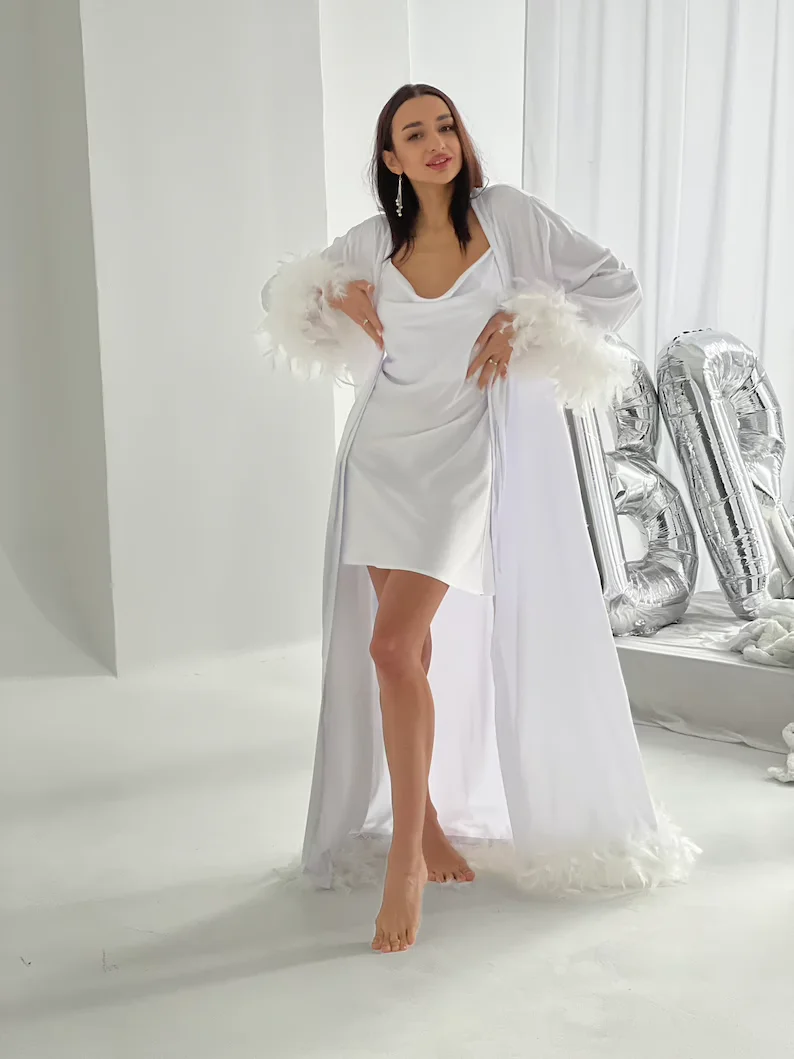 Top Trends: White Long Feather Bride Robe Nightie For Boudoir Bridesmaid Gift Feather Robe For Bridal Shower Wedding Maxi Dressing Gown Shoppable Styles