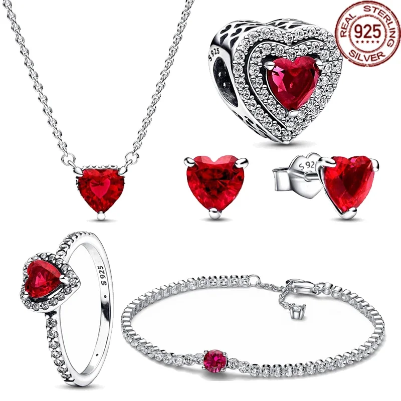 Top Trends: Hot Selling 925 Sterling Silver Sparkling Red Heart Series Set Exquisite Charm Jewelry Five Piece Set For Girlfriend Shoppable Styles