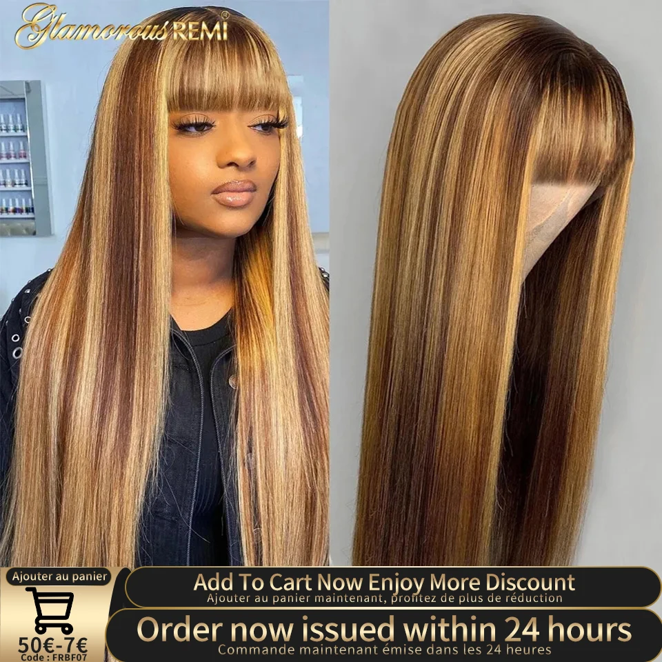 Top Trends: Glueless Highlight Wig Honey Blonde Straight Human Hair Wigs With Bangs Braziliian Machine Made Blonde Straight Wigs For Women Shoppable Styles