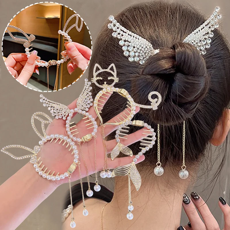 Top Trends: Crystal Rabbit Wings Hairpin Elegant Ponytail Pearl Tassel Grab Clip Frog Buckle Hair Clip Female Korean Hair Style Accessories Shoppable Styles