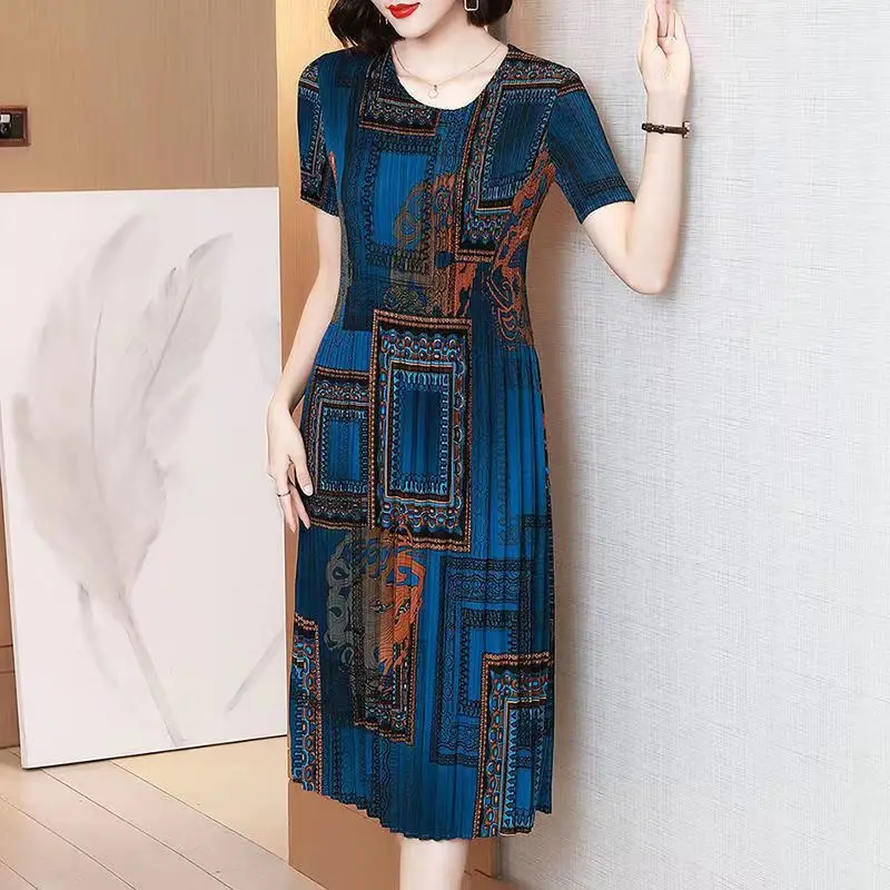 Top Trends: Vintage Geometric Printed Short Sleeve Women Casual Summer Fashion Elegant Mid-length Dress O Neck Slim Dresses Female Clothing Shoppable Styles