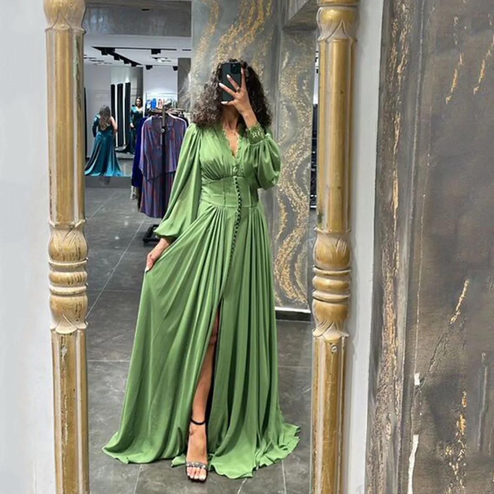 Top Trends: Classic Empire Evening Dresses V-Neck Puff Long Sleeves Prom Gowns Chiffon A-Line Front Split Sweep Train فساتين مناسبة رسمية Shoppable Styles