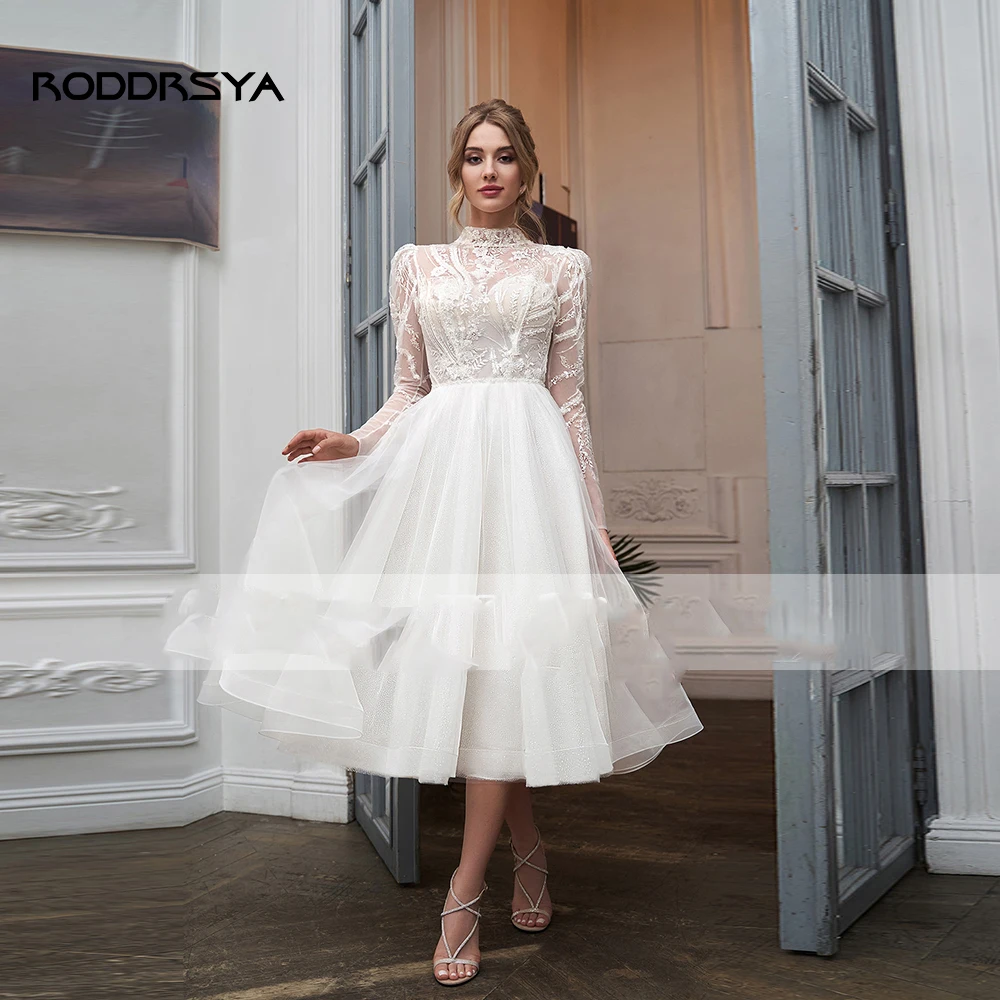 Top Trends: RODDRSYA High Collar With Sleeve Luxury Applique Wedding Dress Short Tulle Custom Elegant Tea Length Bride Gown Button Vestidos Shoppable Styles