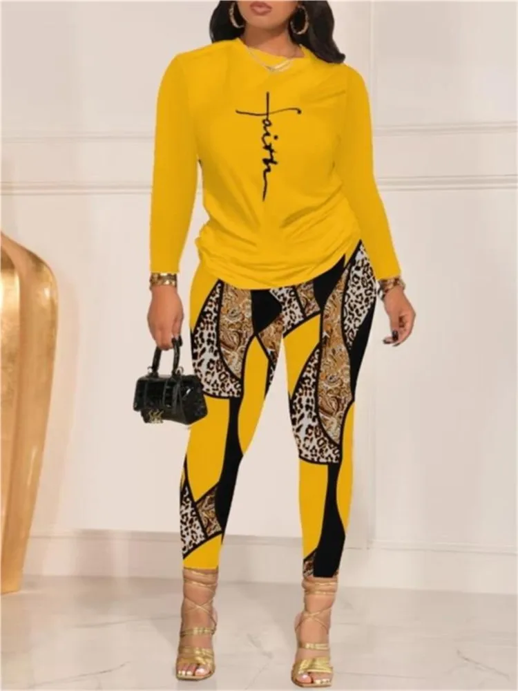 Top Trends: Women Fashion Geometric Leopard Print Long Sleeve Top &amp; Pencil Pants Set Casual Tracksuit 2 Piece Sets 2023 Autumn New Outfits Shoppable Styles