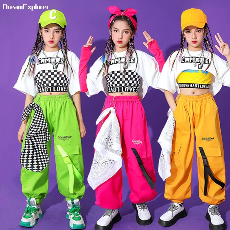 Top Trends: Girls Hip Hop T-shirt Solid Cargo Pants Child Summer Short Sleeve Crop Top Street Dance Joggers Streetwear Kids Jazz Clothes Set Shoppable Styles