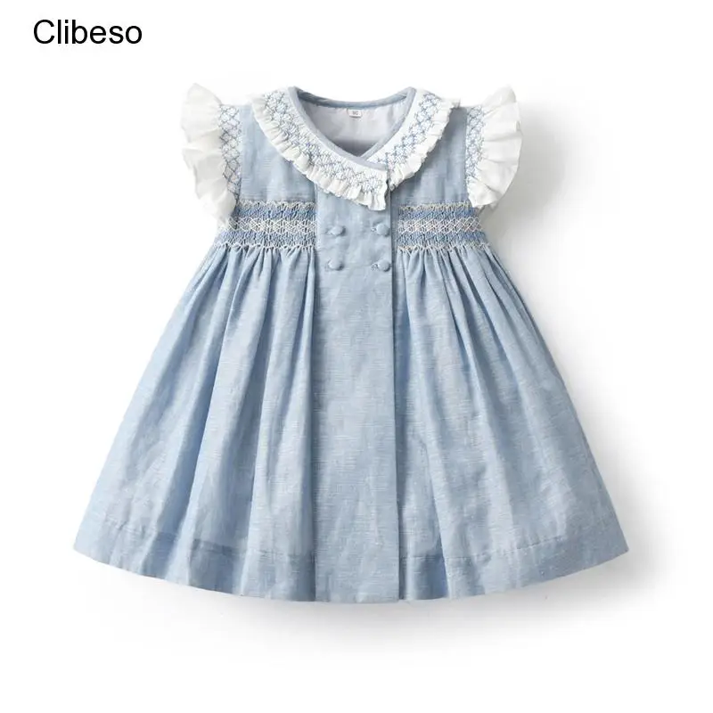 Top Trends: 2024 Kids Spanish Dress Girls Hand Made Smocking Blue Dress With Ruffle Collar Sleeeve Baby Smocked Embrodiery Dresses Shoppable Styles