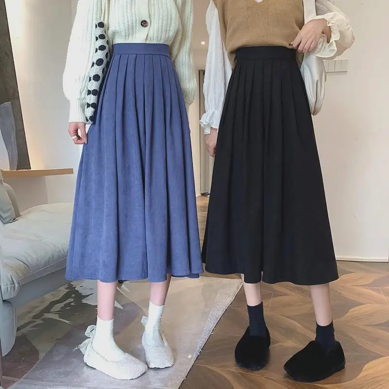 Top Trends: Vintage High Waist Pleated Skirt For Women Korean Fashion Preppy Style A Line Long Skirt Ladies Autumn Winter Casual Clothing Shoppable Styles