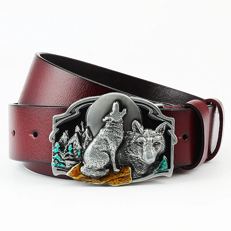 Top Trends: Wild Wolf Totem Buckle Wolf Head Real Skin Leather Belt Werewolf Full Moon Wolves Howl Sign Waistband For Men Gifts Shoppable Styles