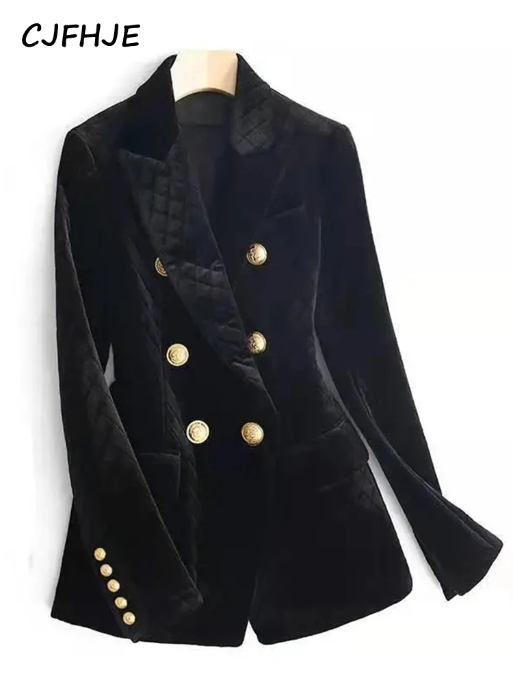 Top Trends: CJFHJE Spring New Velvet Black Cotton Women&#039;s Suit French Style Elegant Lady Fashion Double Row Metal Button Warm Blazers Jacket Shoppable Styles